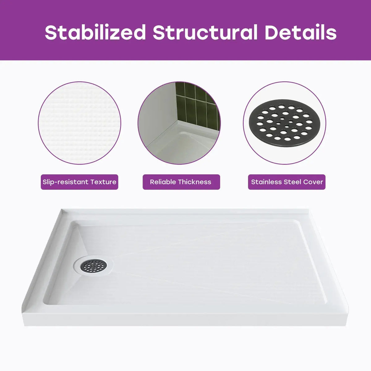 Acrylic Shower Pan with Slip Resistant Floor and Left Drain Model BS4832-MB-L HOROW