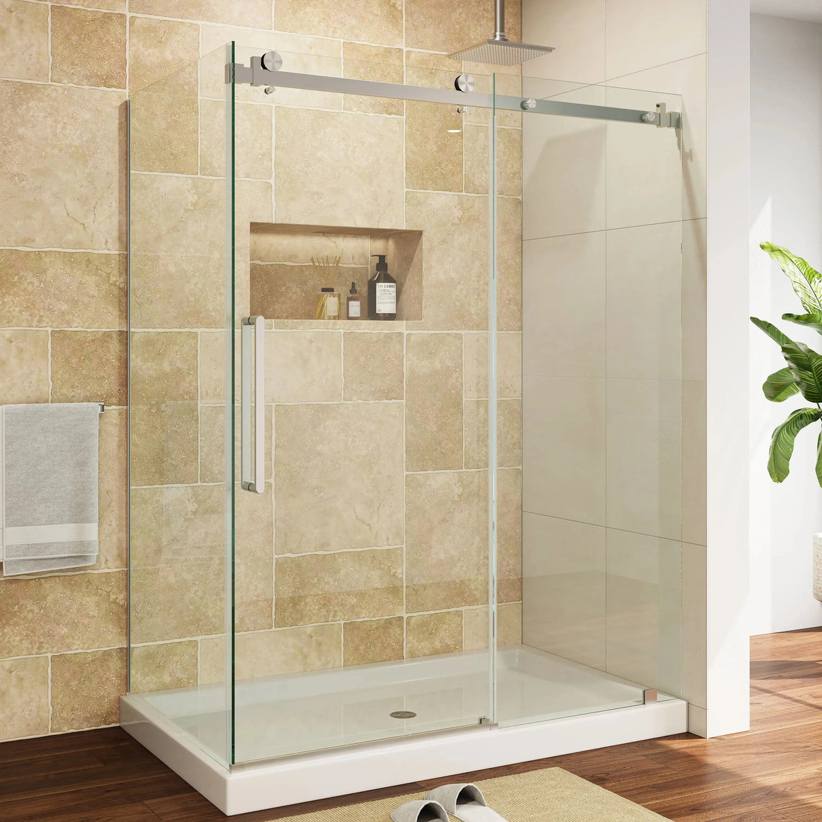 HOROW TE6076-SE-BN Brushed Nickel Frameless Corner Sliding Shower Enclosure Set