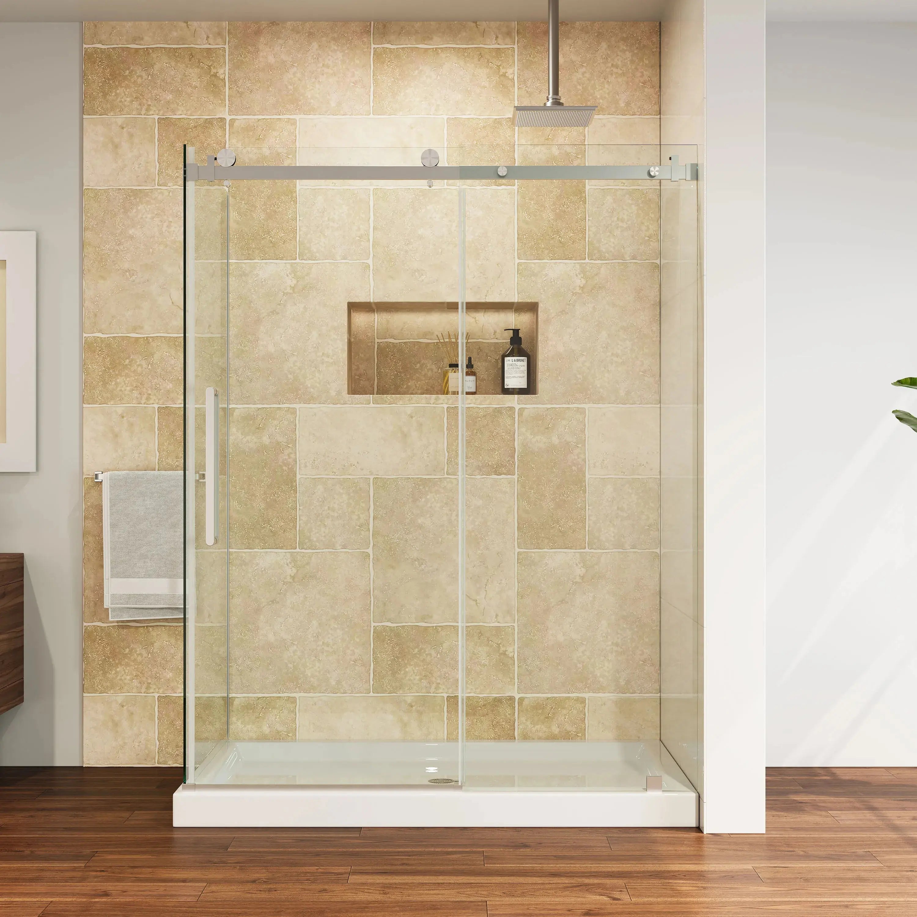 HOROW TE6076-SE-BN Brushed Nickel Frameless Corner Sliding Shower Enclosure Set