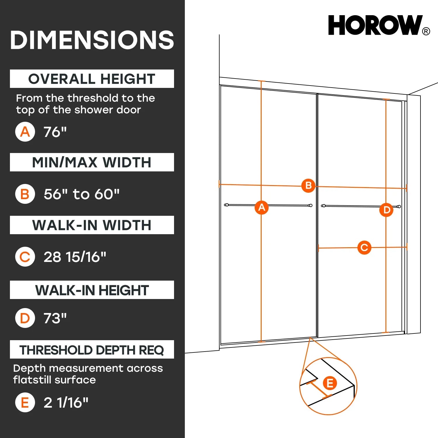 HOROW K2-MB Black Ultra-Narrow Frame Shower Door with Magnetic Catch