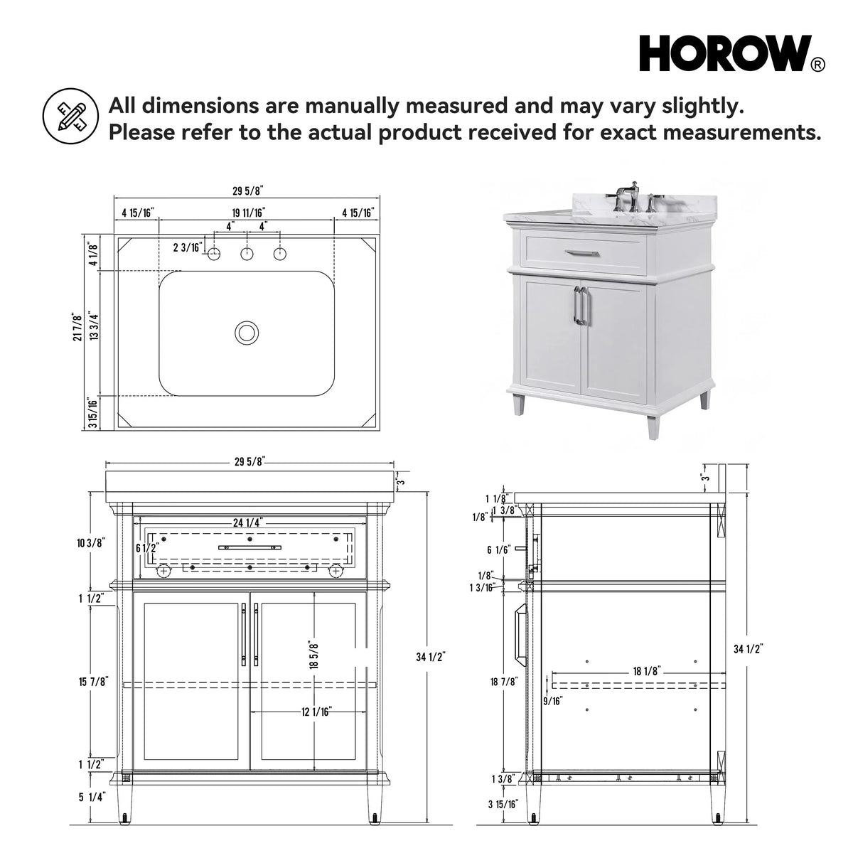 HOROW HR-VNB30 30" Bathroom Vanity Set with Tilt-Down Drawer & Marble Top