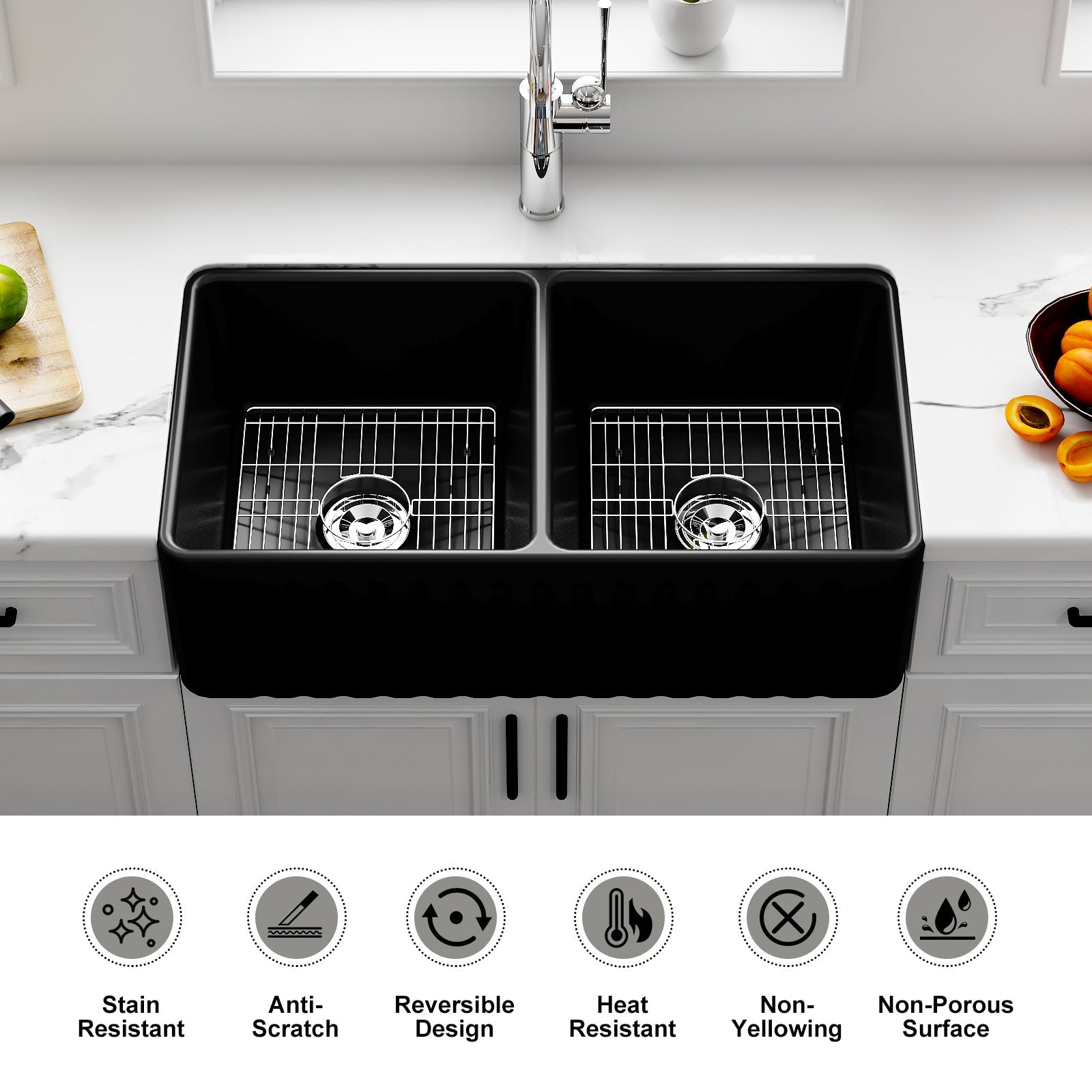 HOROW 33 Inch Farm Kitchen Sink Double Basin Fireclay Model HR-DS3318B