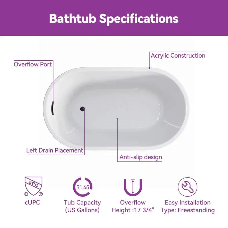 HOROW 47 Inch Freestanding Acrylic Soaking Tub Model TU47-SG-NS HOROW