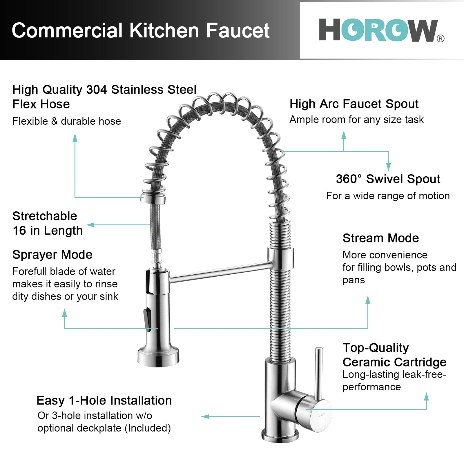HOROW Best Kitchen Faucet With Pull Down Sprayer Model HR-KF0229B