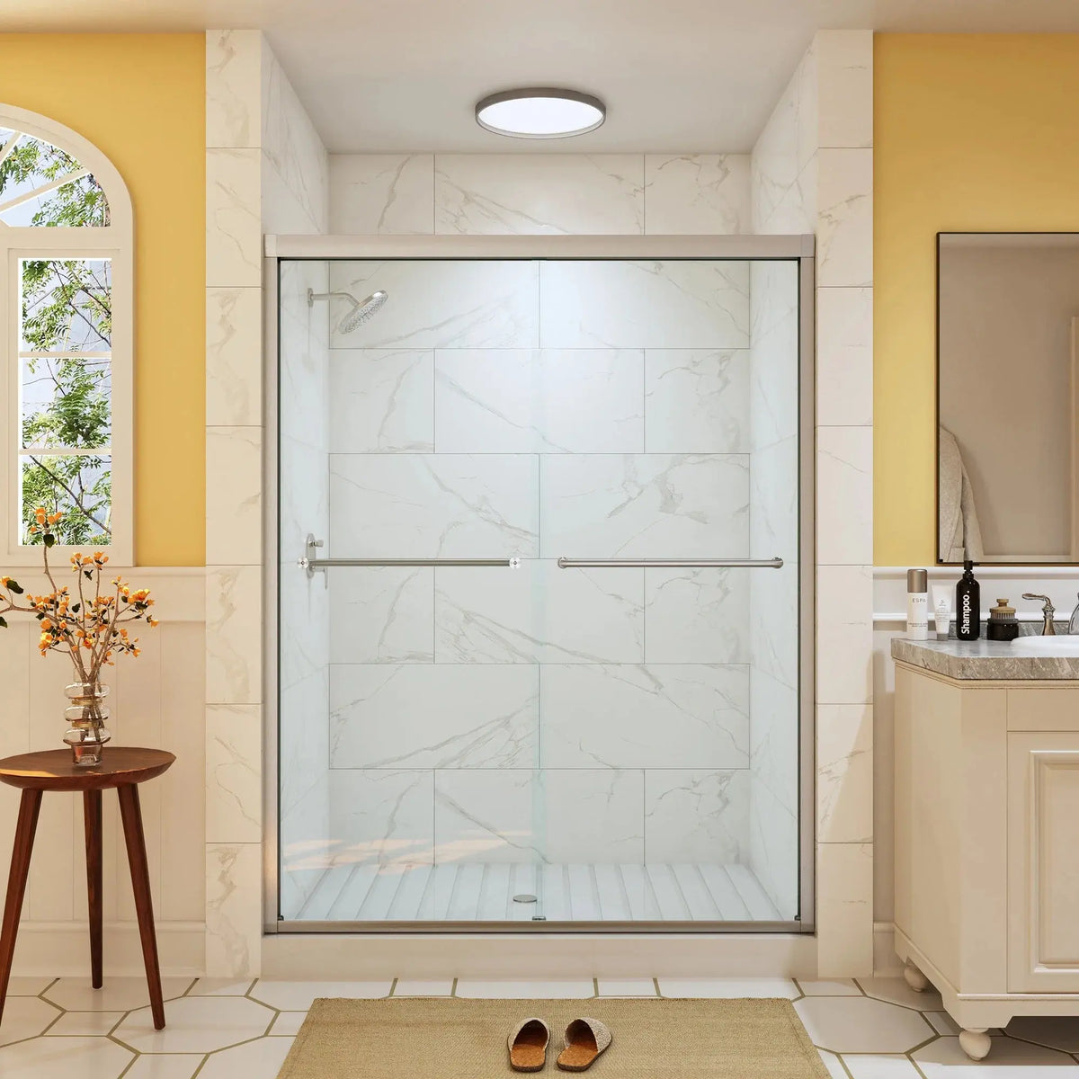 HOROW Bathroom Sliding Glass Door 60 Inch Brushed Nickel Frameless Shower Door Model BE6076-BN HOROW