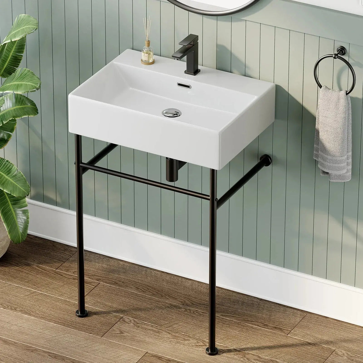 Console Bathroom Sink with Black Legs and Drain Fit Model CS6042-MB HOROW