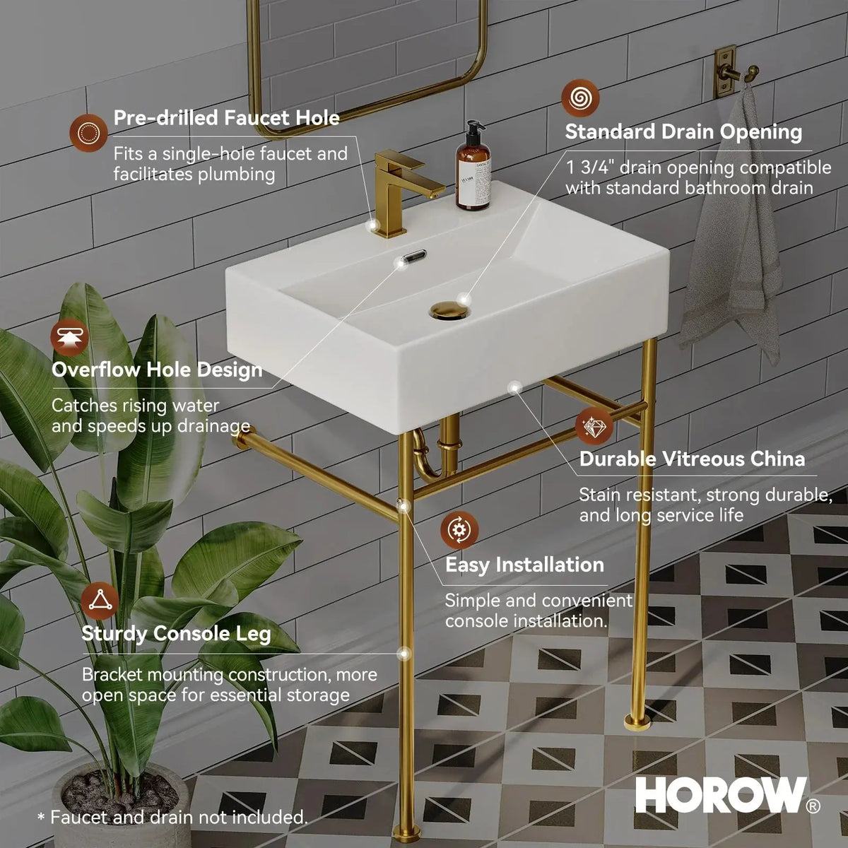 Rectangular Console Sink with Golden Legs and Overflow Model CS6042-SG HOROW