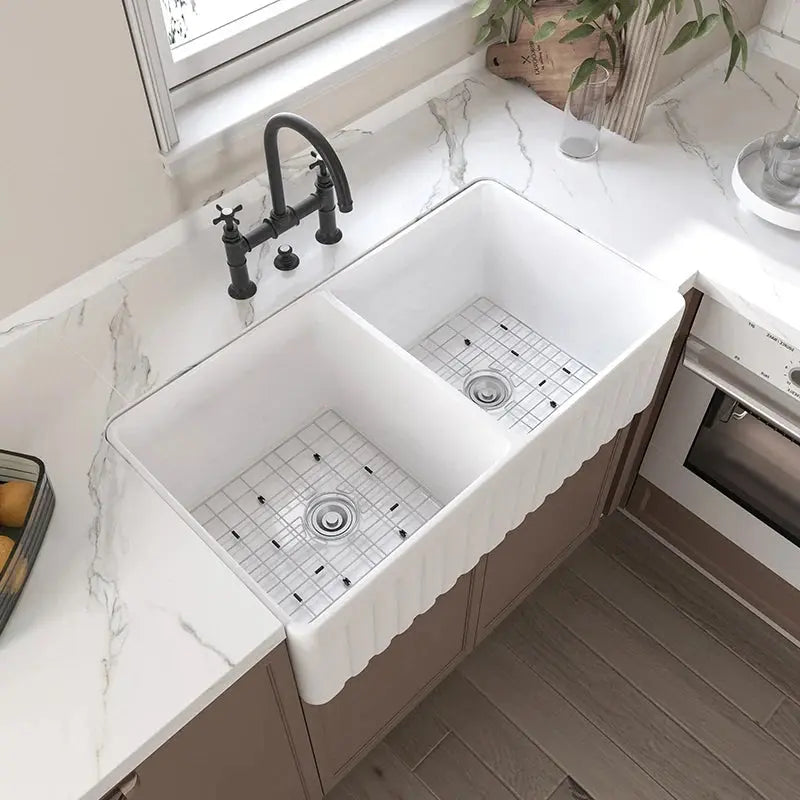 HOROW Farmhouse Kitchen Sink Reversible Double Bowl Model HR-DS0118W HOROW