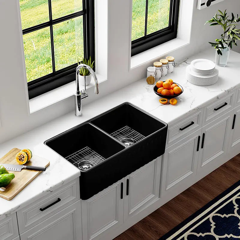 HOROW 33 Inch Farm Kitchen Sink Double Basin Fireclay Model HR-DS3318B HOROW