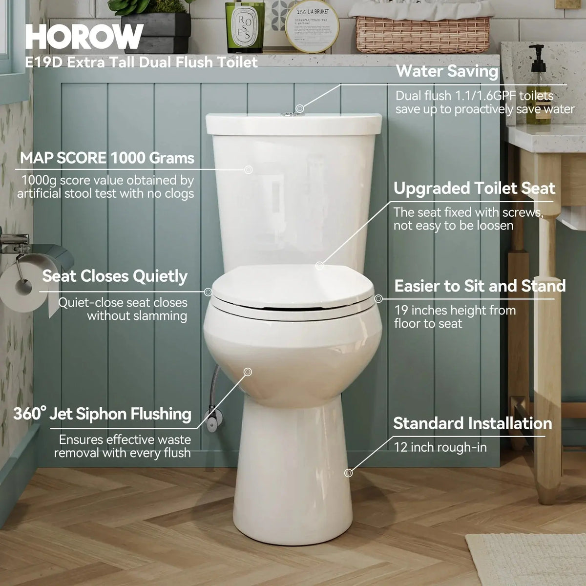 Elongated 2 Piece Toilet with Dual Flush Button and ADA Compliant Model HWTT - E02D HOROW