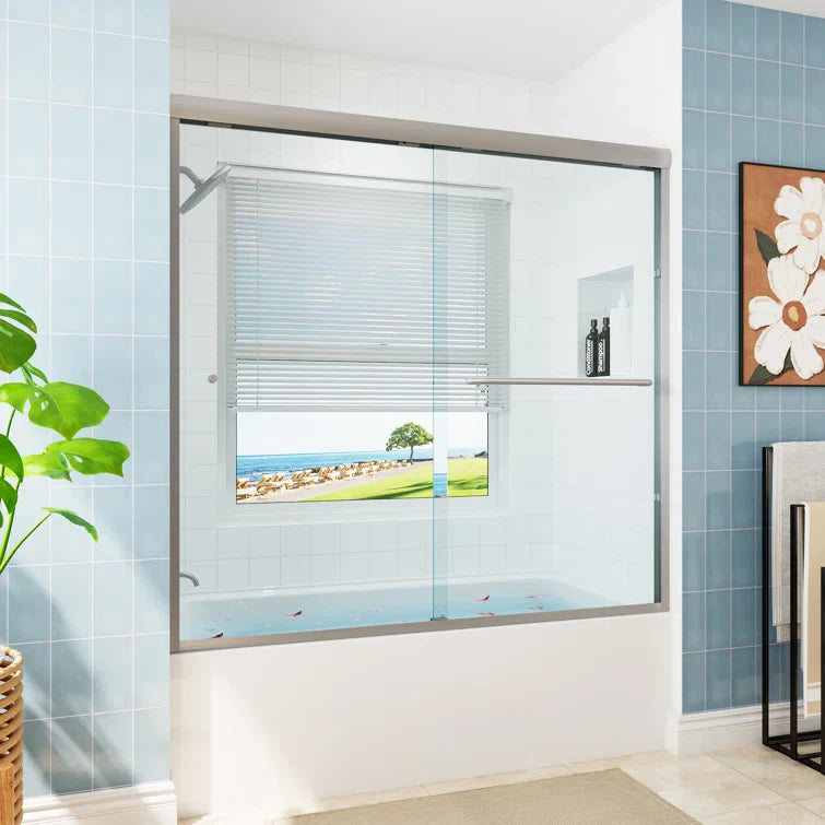 HOROW Bathroom Sliding Glass Door 59 Inch Brushed Nickel Frameless Shower Door Model BE5956-BN