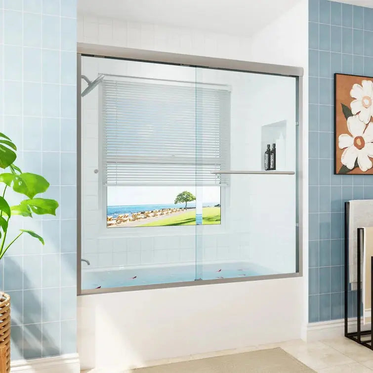 HOROW Bathroom Sliding Glass Door 59 Inch Brushed Nickel Frameless Shower Door Model BE5956-BN HOROW