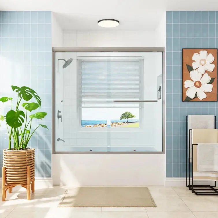 HOROW Bathroom Sliding Glass Door 59 Inch Brushed Nickel Frameless Shower Door Model BE5956-BN HOROW