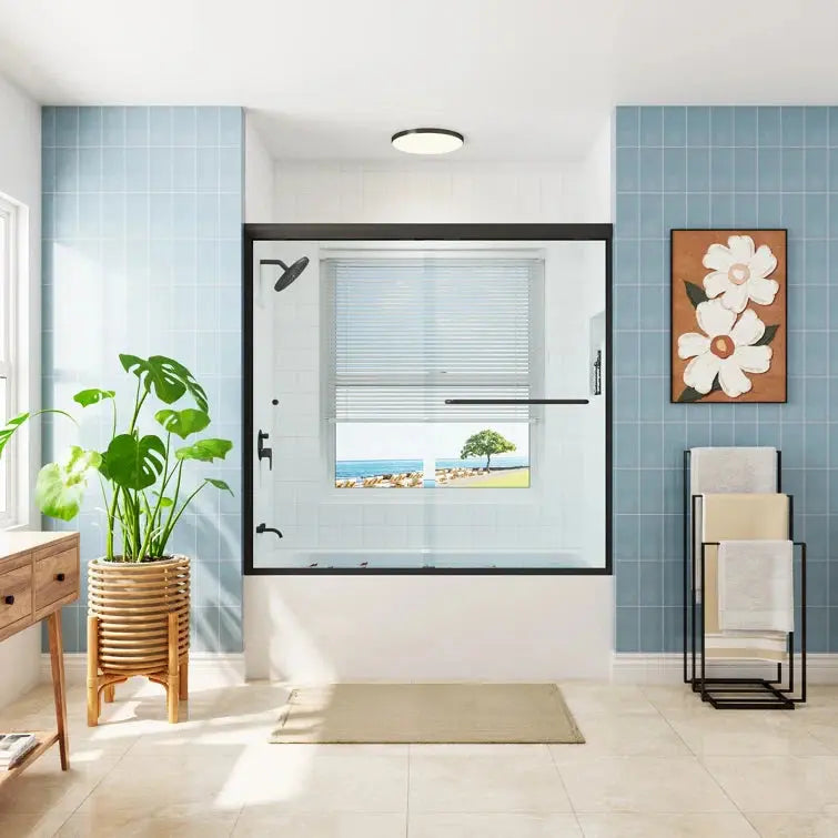 Frameless Sliding Shower Door 59 Inch Matte Black Shower Door Model BE5956-MB HOROW