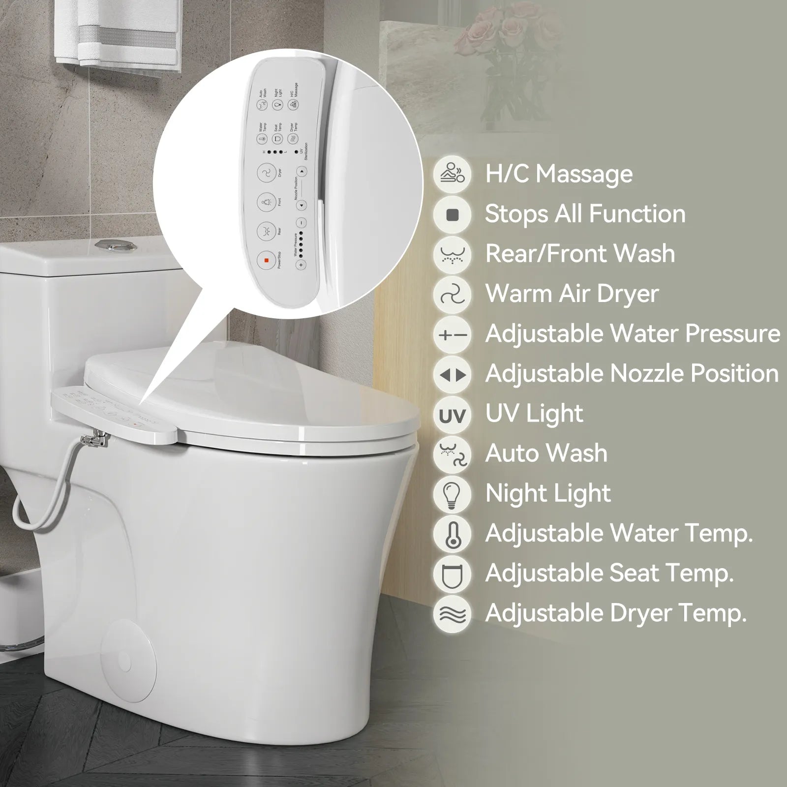 HOROW T0338W Elongated One Piece Toilet With Bidet Toilet Seat Model BT0338W
