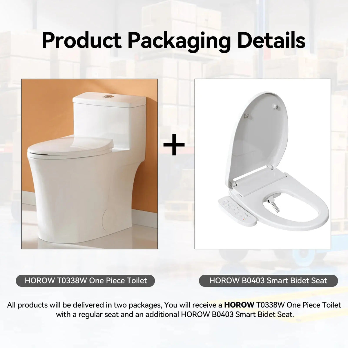 HOROW T0338W Elongated One Piece Toilet With Bidet Toilet Seat Model BT0338W HOROW