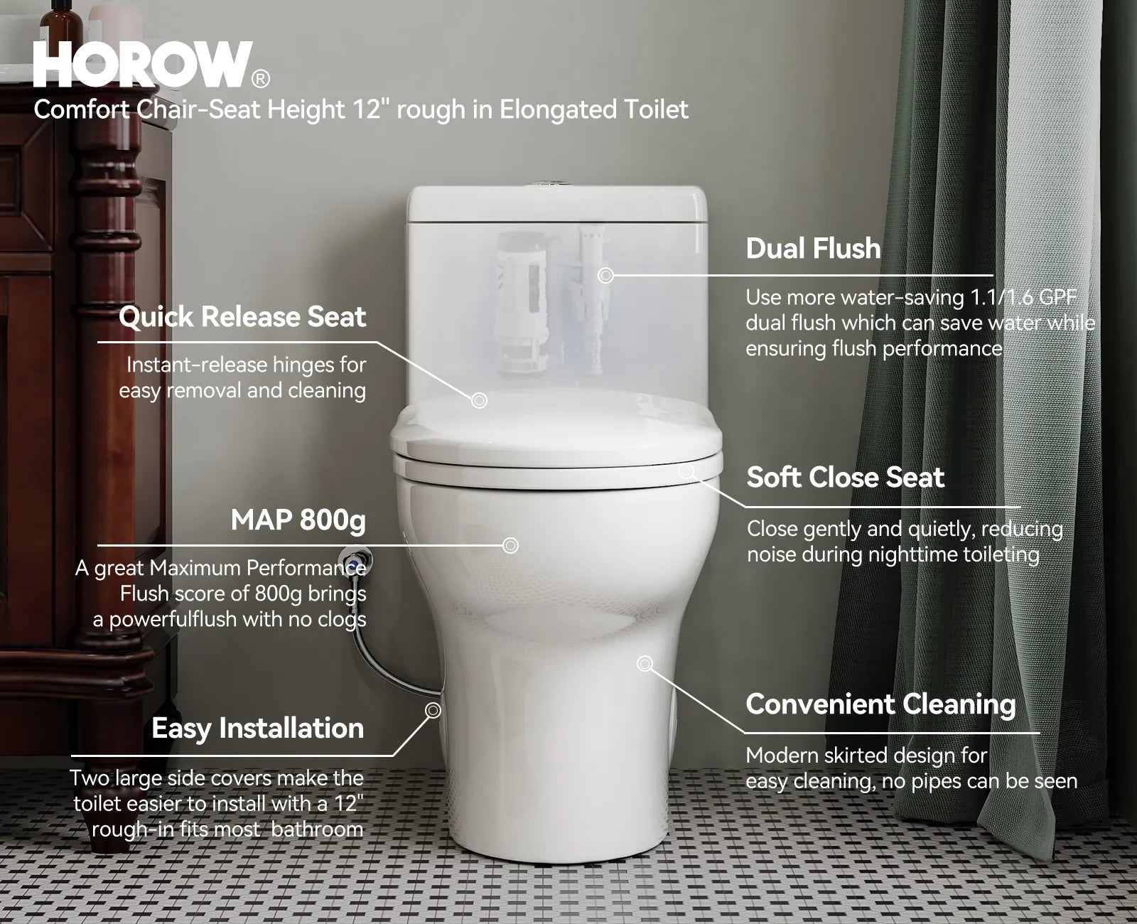 HOROW Dual Flush Toilet 12 Inch Rough In Toilet Model 76D