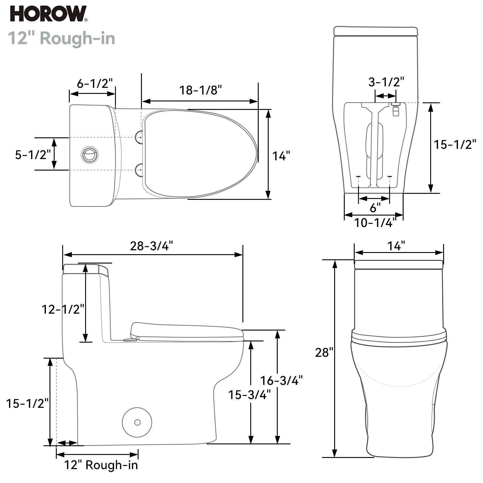 HOROW Dual Flush Toilet 12 Inch Rough In Toilet Model 76D