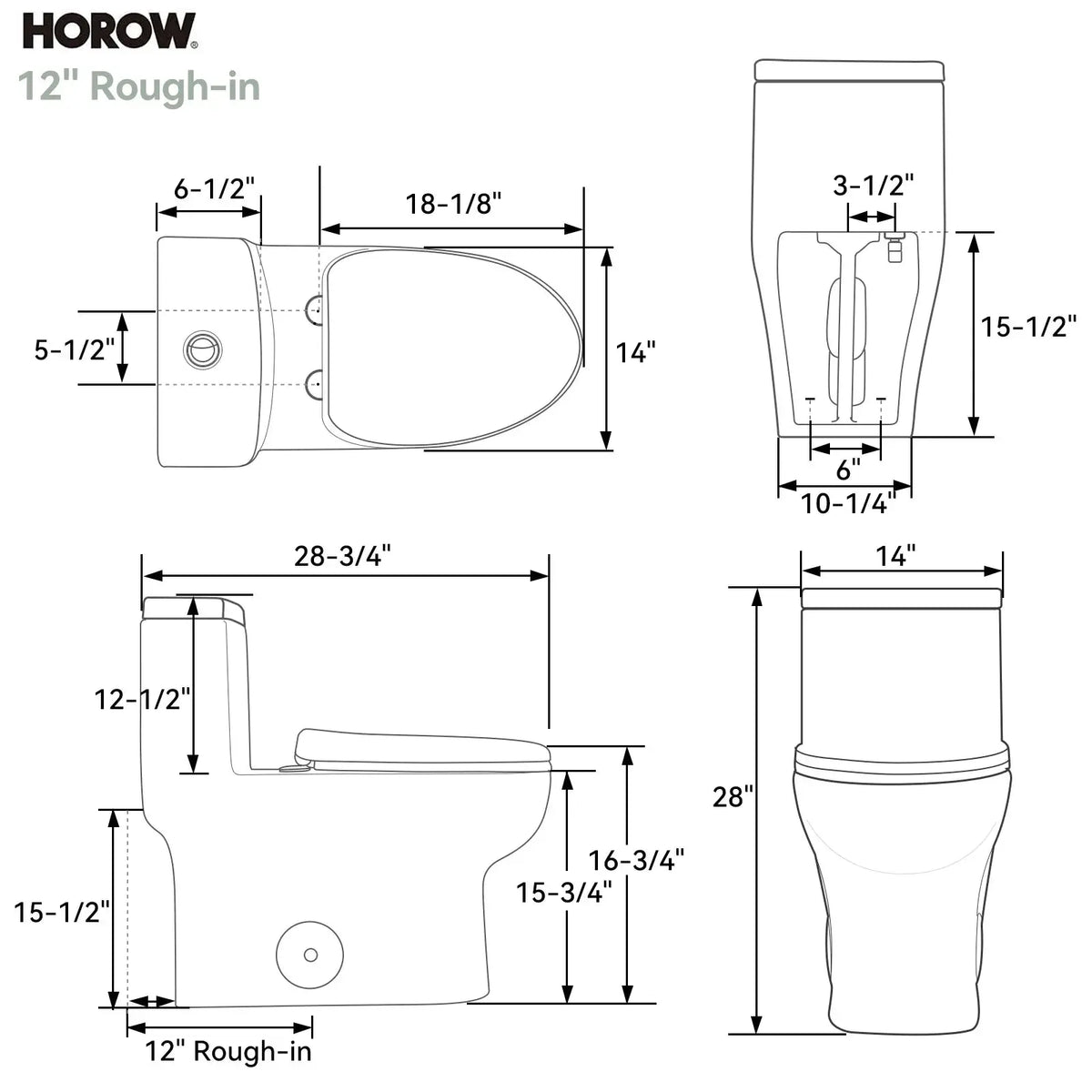 HOROW Dual Flush Toilet 12 Inch Rough In Toilet Model 76D HOROW