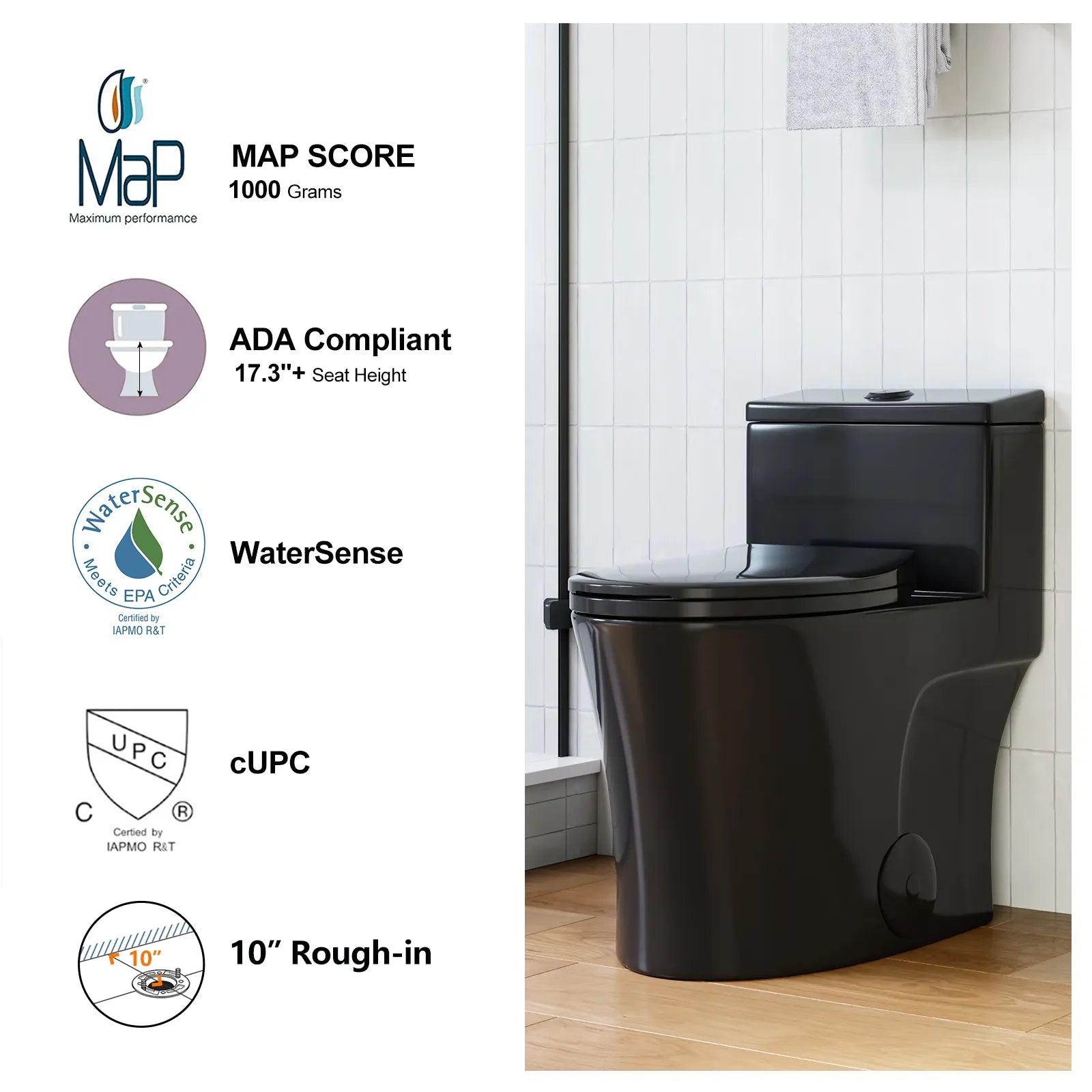 HOROW 10 Inch Rough In Toilet Black One Piece Toilet Model T0338B-10