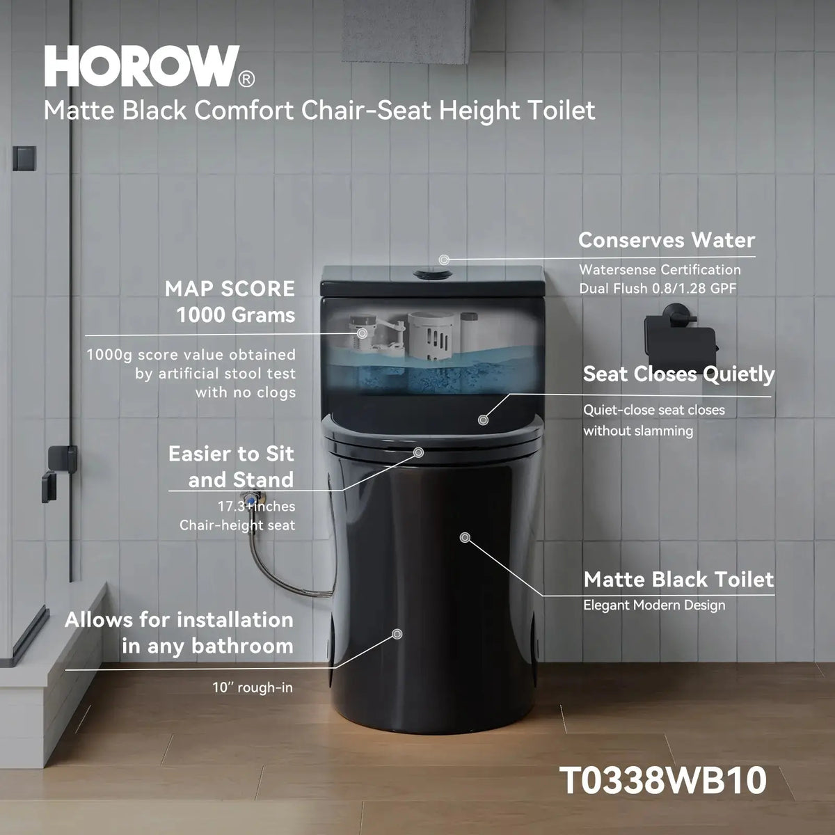 HOROW 10 Inch Rough In Toilet Black One Piece Toilet Model T0338B-10 HOROW