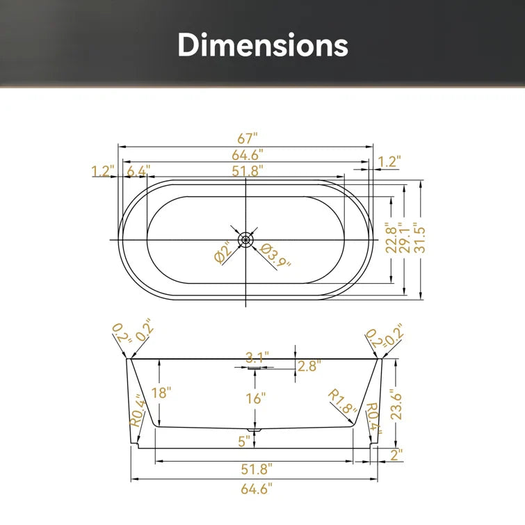HOROW 2 Person Bathtub 67 inch Freestanding Tub Model TU67-MB