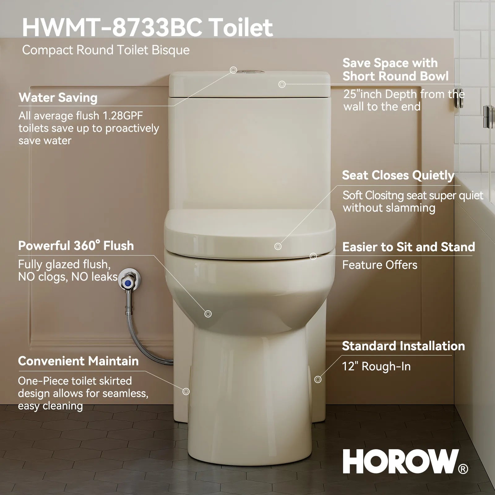 HOROW One Piece Toilet Biscuit Color Toilet With Dual Flush Model 8733BC