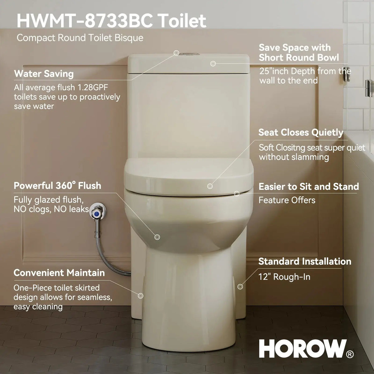 HOROW One Piece Toilet Biscuit Color Toilet With Dual Flush Model 8733BC HOROW