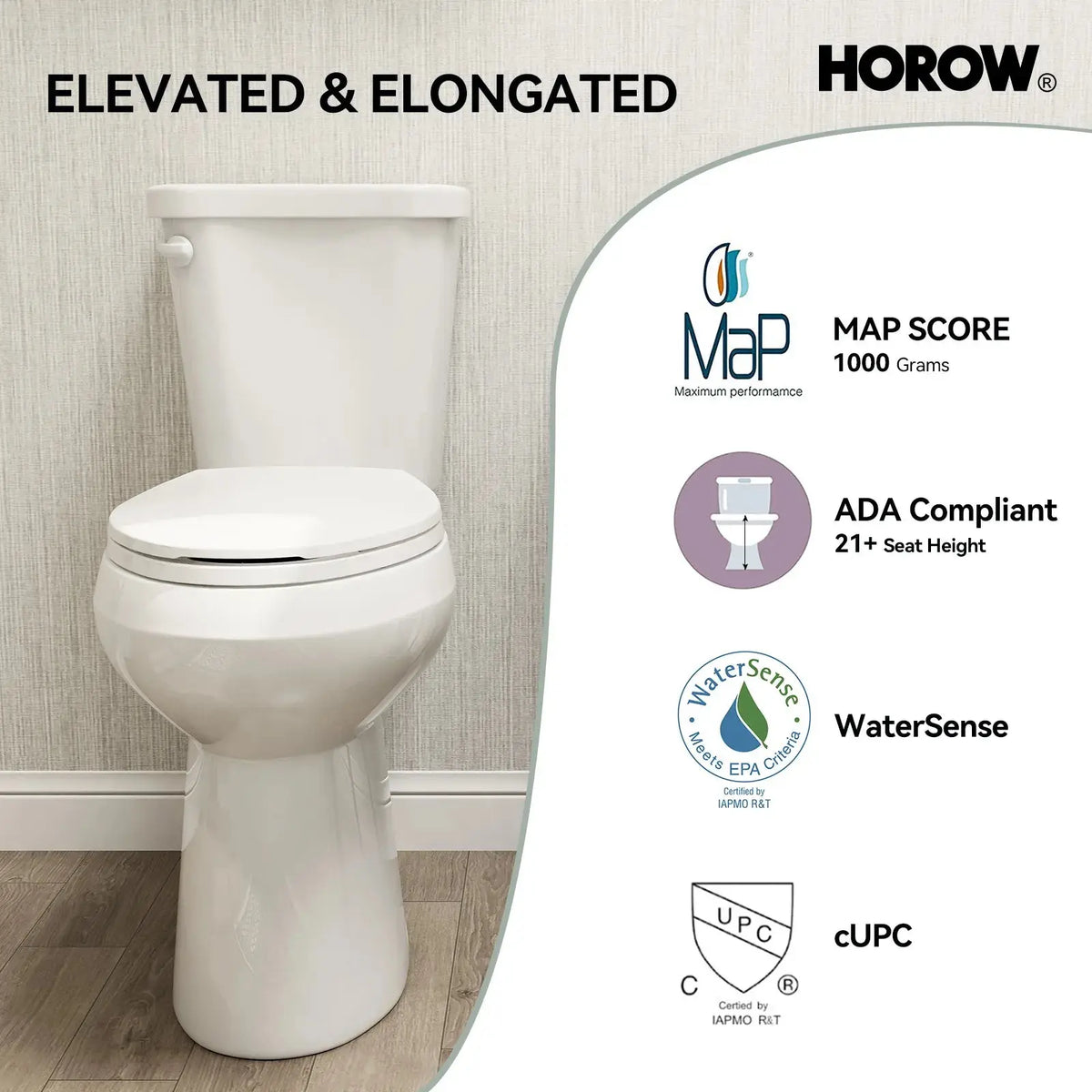 Elongated 2 Piece Toilet with Single Flush and ADA Model HWTT - E03S HOROW