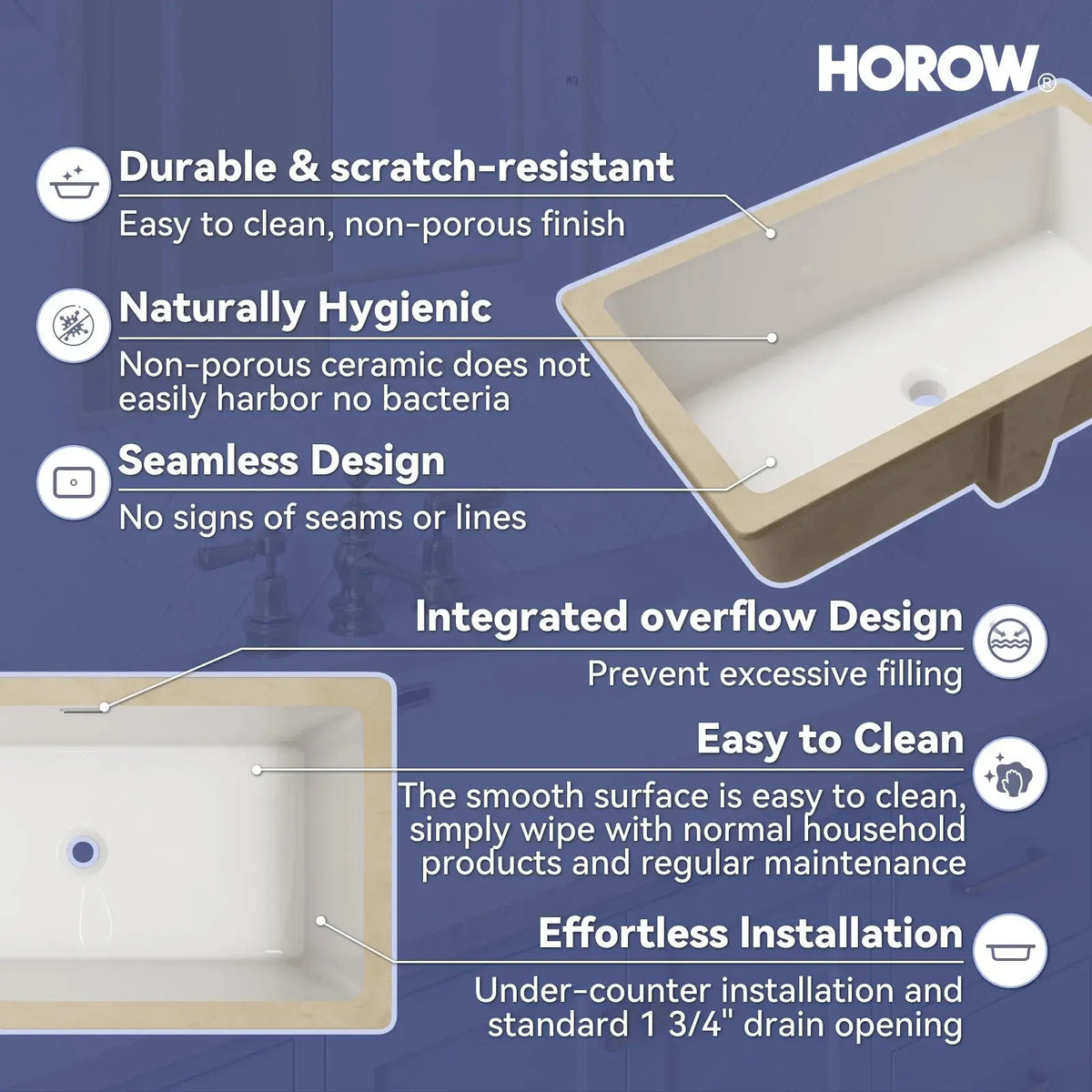 HOROW Rectangular Undermount Bathroom Sink 27 Inch Undermount Sink Model HWTP-S7040D HOROW