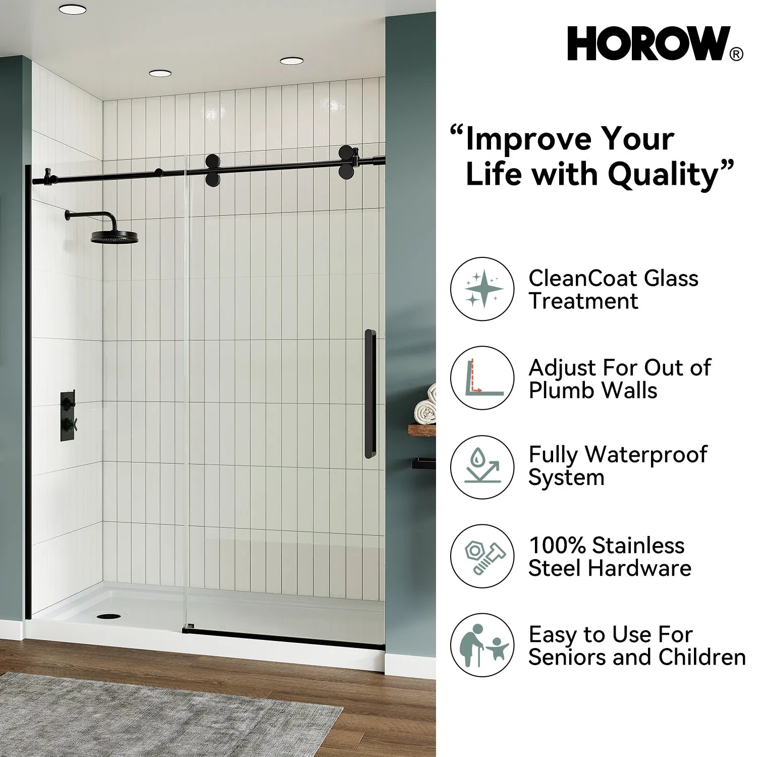 Black Sliding Shower Door 1200mm 8mm Glass Sliding Frameless Model MI6076-MB