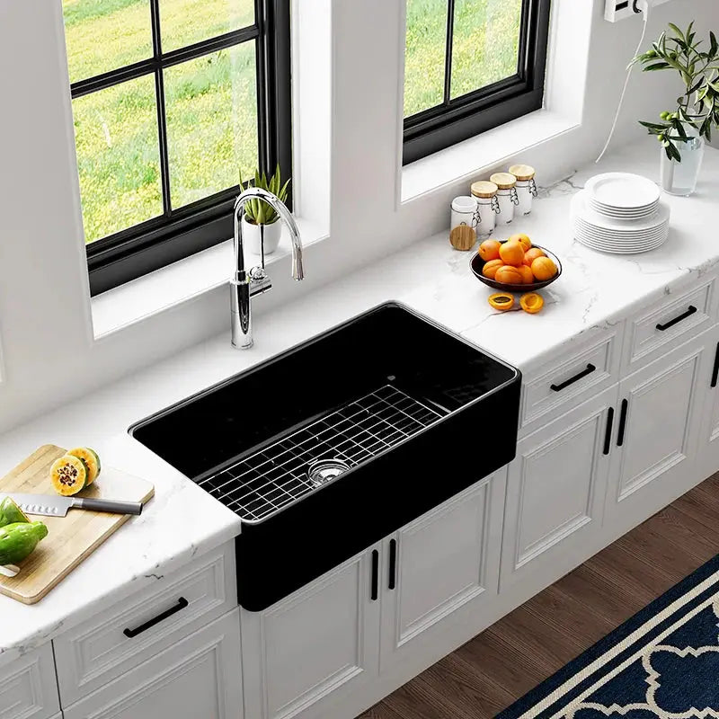 HOROW 36 Inch Sink Black Kitchen Farm Sink With Basket Strainer Model HR-S3618B HOROW