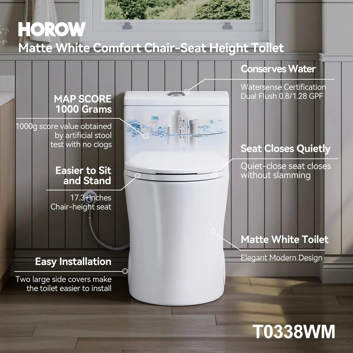 Matte White Toilet with ADA Compliant for 12 Inch Rough In Model T0338WM HOROW