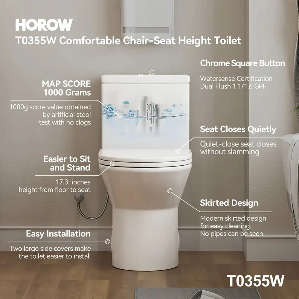 T0355W One Piece Toilet with ADA and Comfort Chair Seat for 12 Inch Rough In HOROW