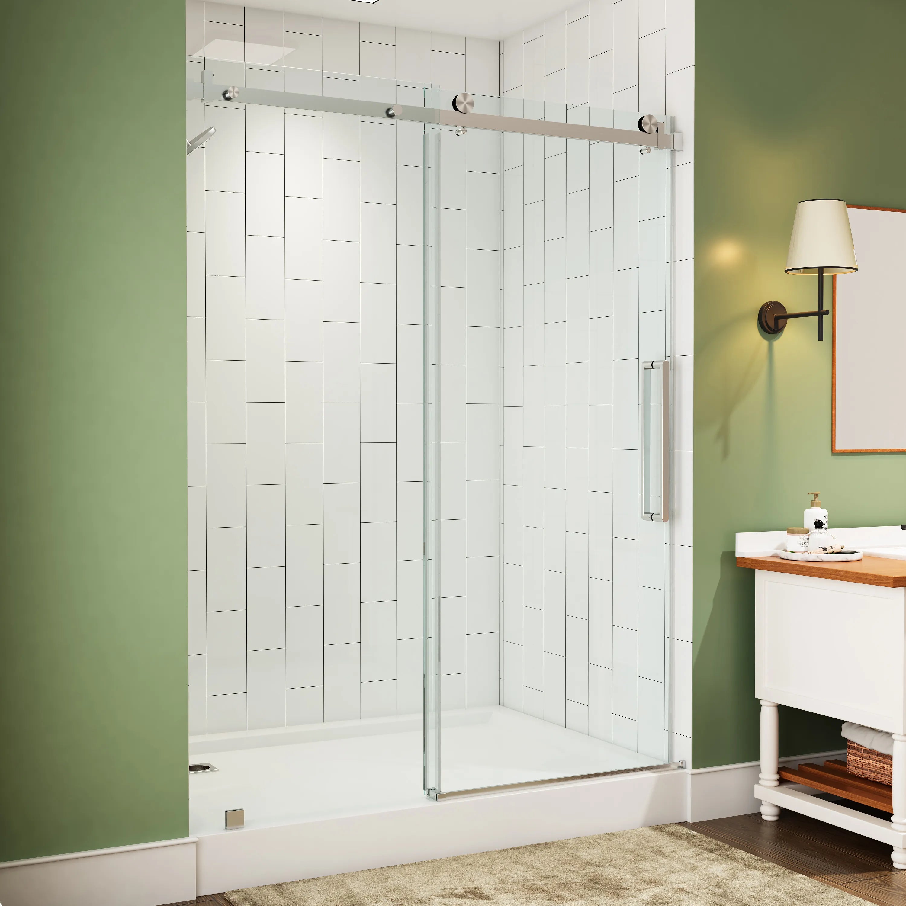Brushed Nickel Shower Door with Sliding Frameless Model TE6076-BN