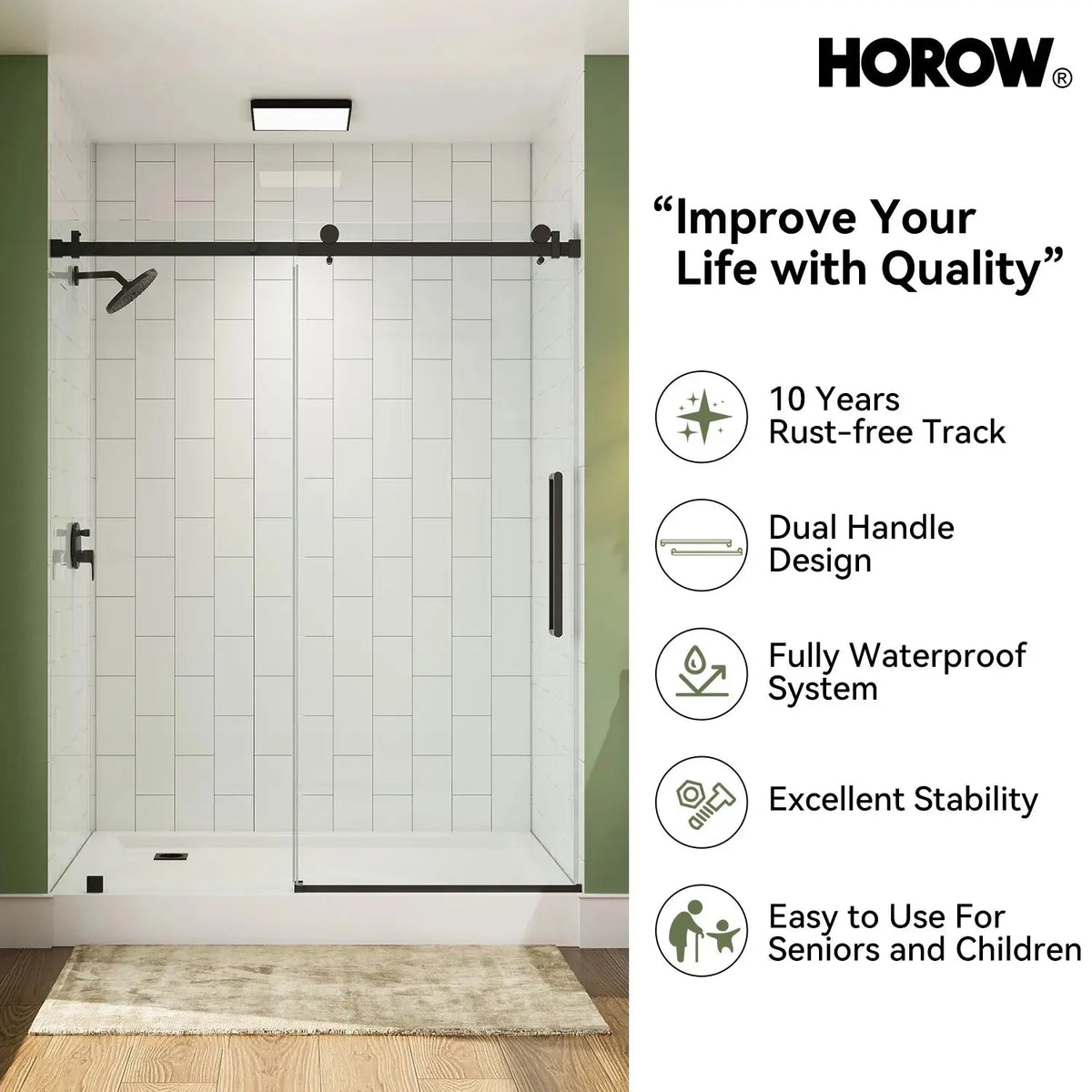 Black Sliding Shower Door with Frameless and 60 Inch Model TE6076-MB HOROW