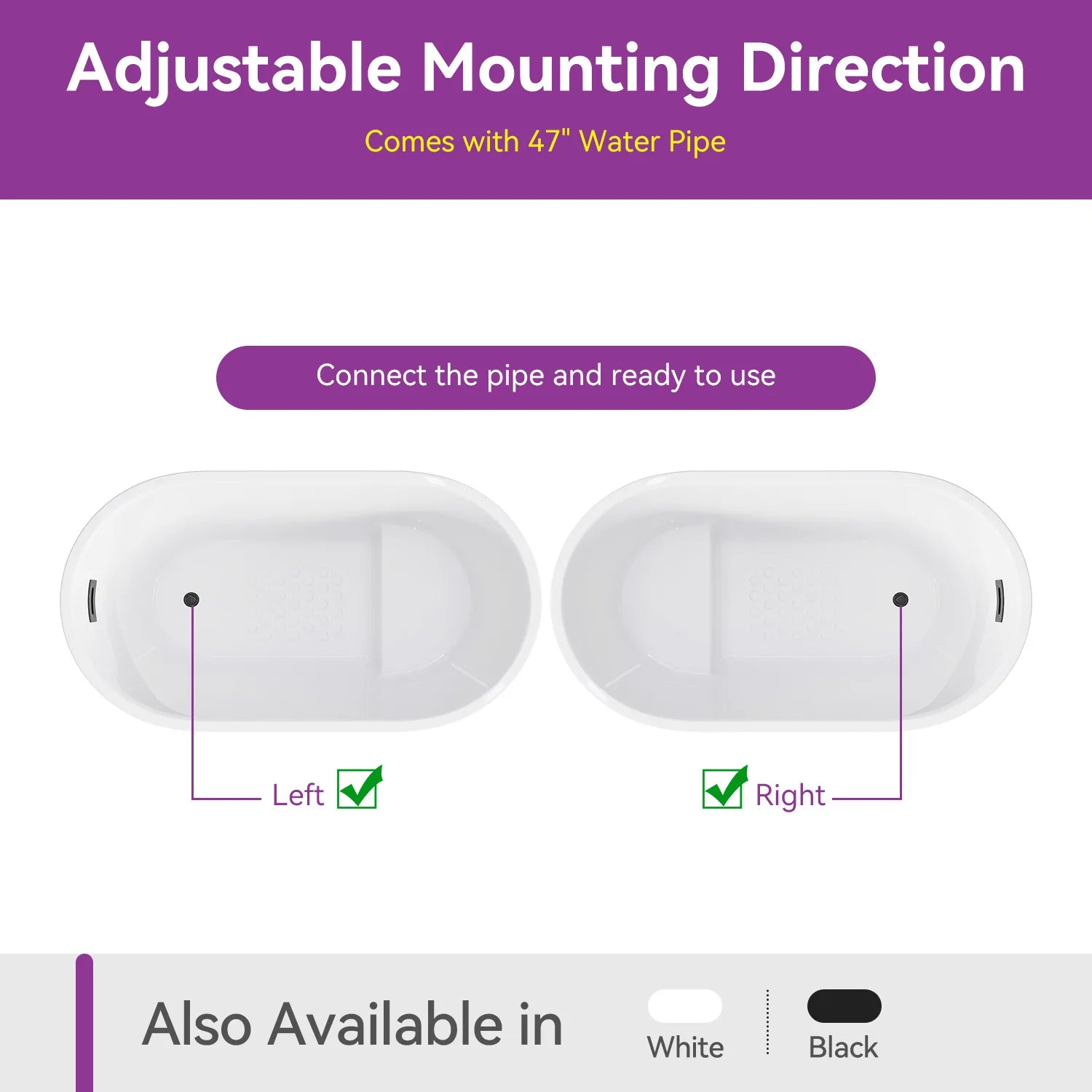 Black Acrylic Bathtub with Overflow and Left Drain Model TU47B