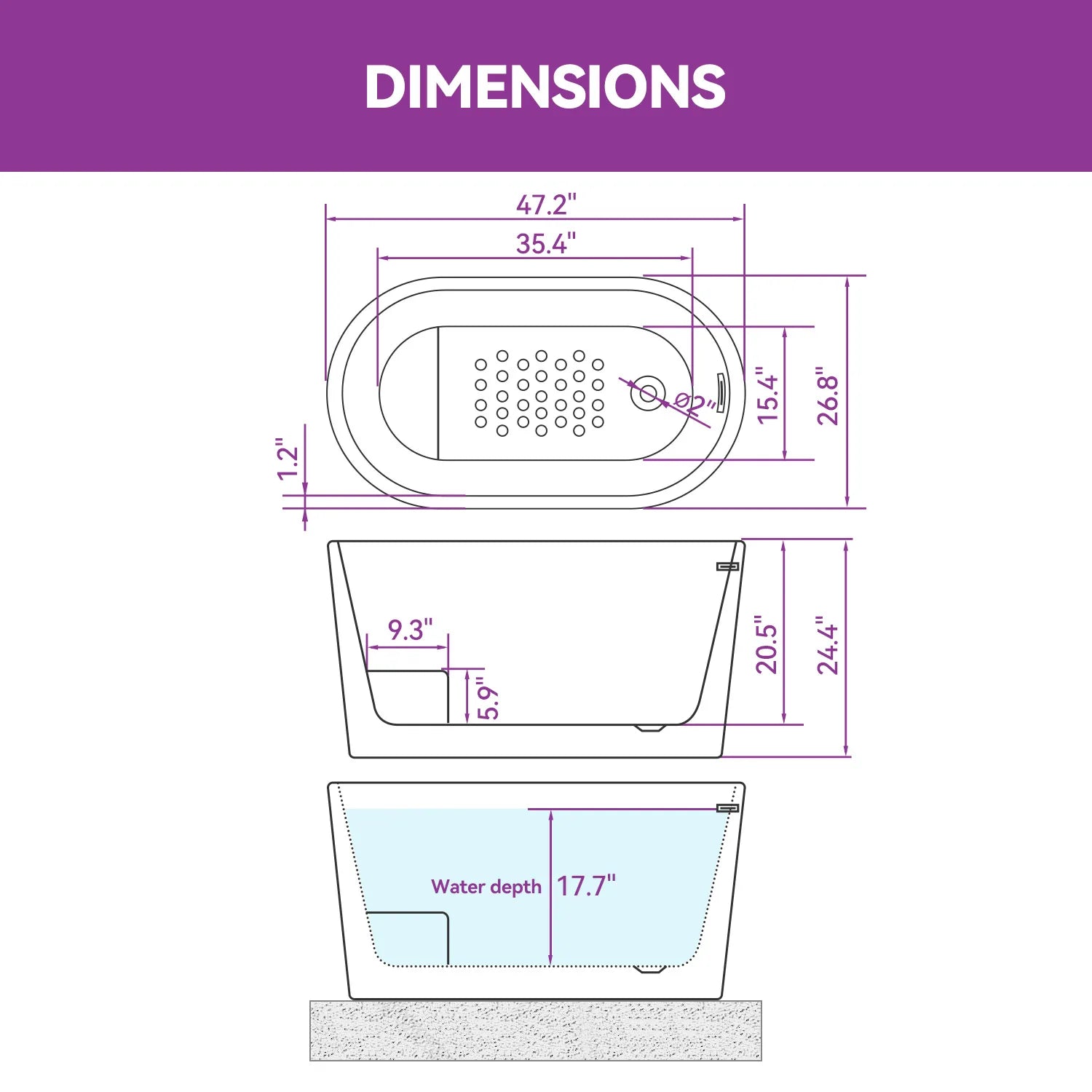 Black Acrylic Bathtub with Overflow and Left Drain Model TU47B