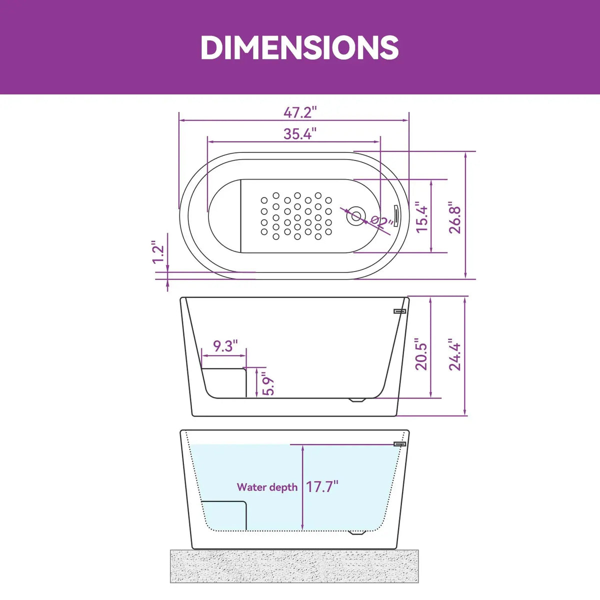 Black Acrylic Bathtub with Overflow and Left Drain Model TU47B HOROW