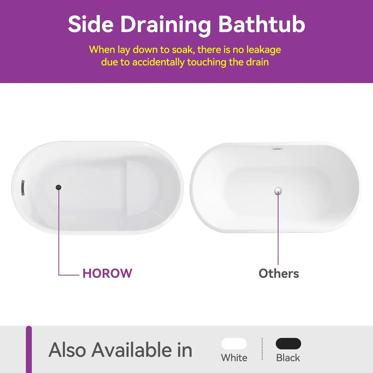 Black Acrylic Bathtub with Overflow and Left Drain Model TU47B HOROW