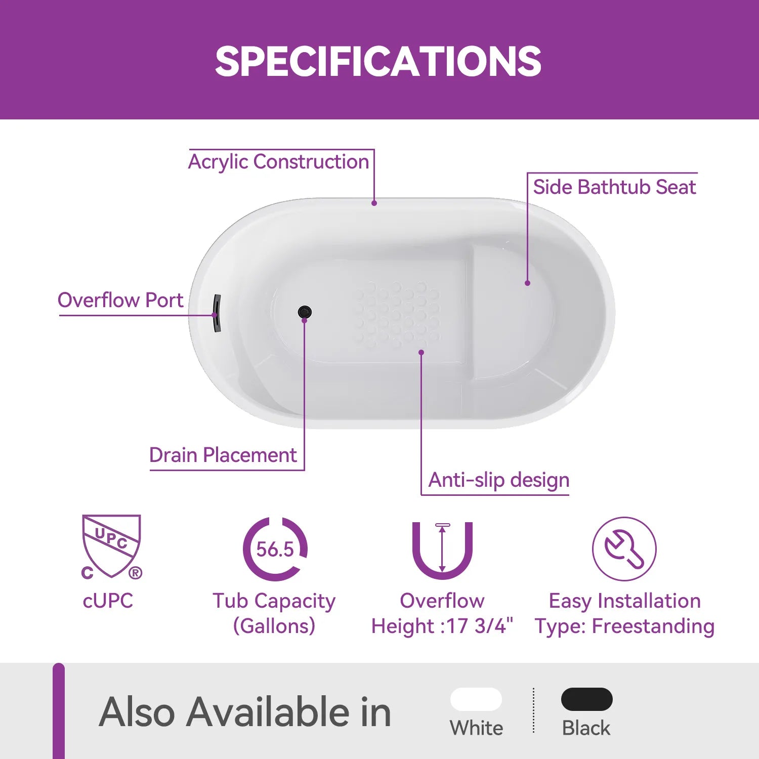 Black Acrylic Bathtub with Overflow and Left Drain Model TU47B