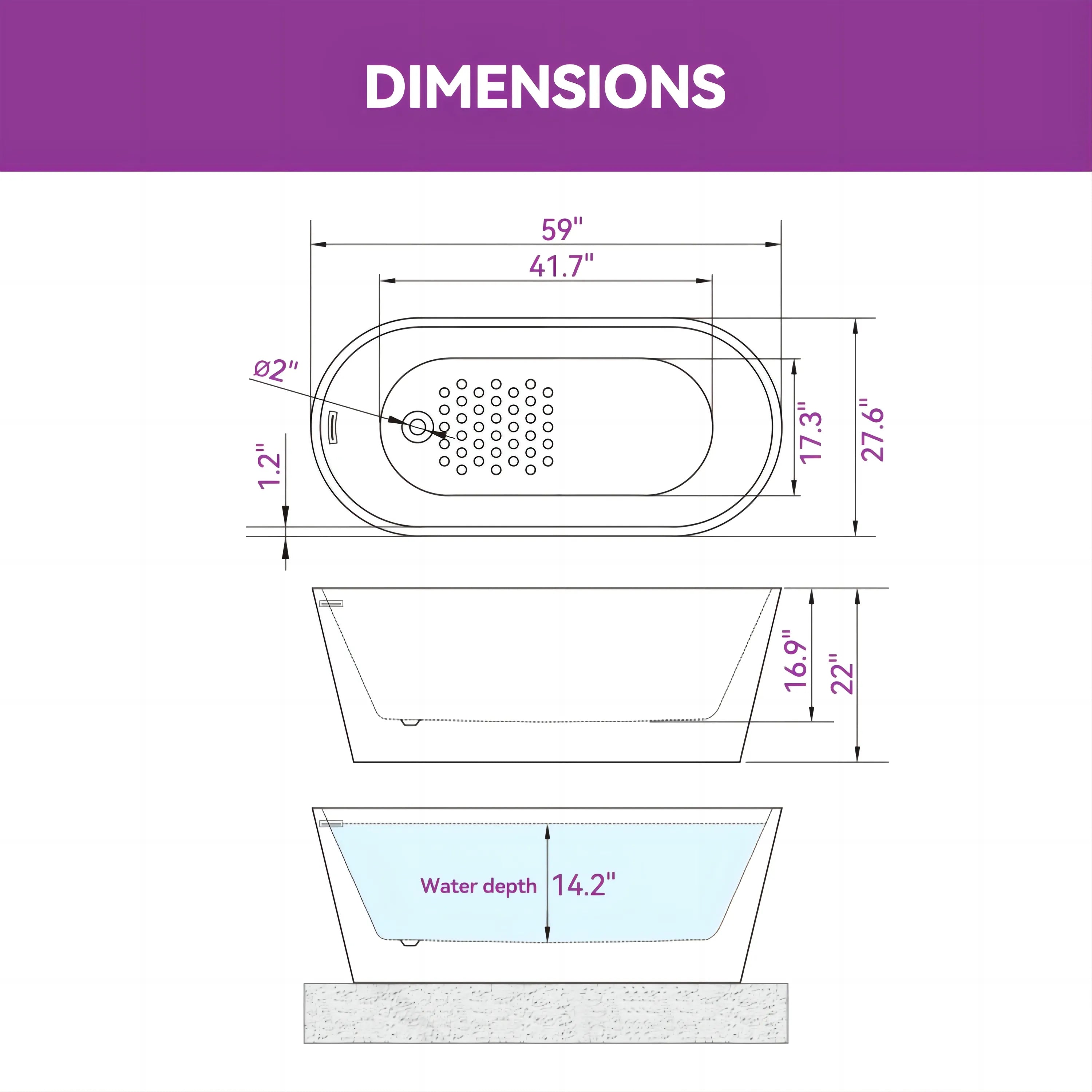 Matte Black Bathtub with Acrylic and Side Drain Model TU59B