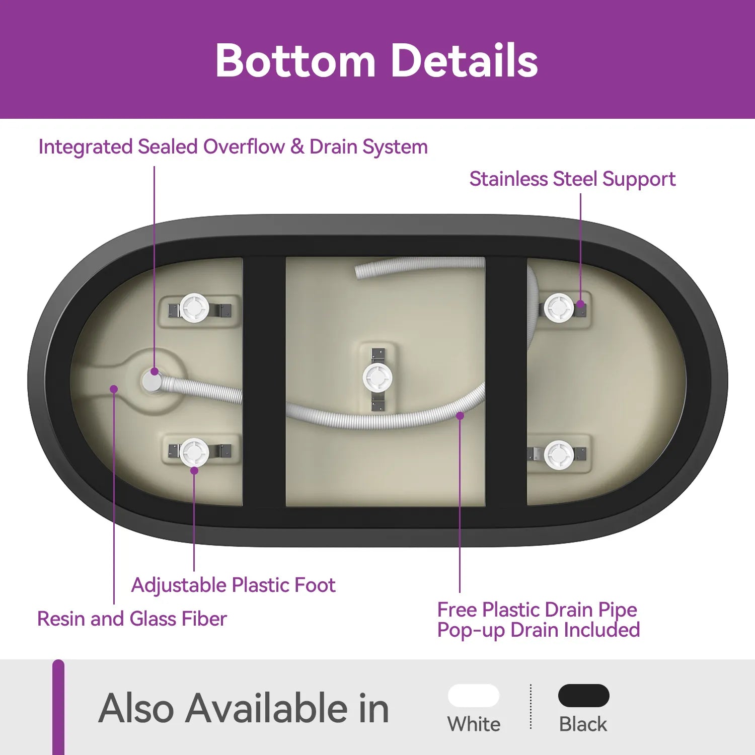 Matte Black Bathtub with Acrylic and Side Drain Model TU59B