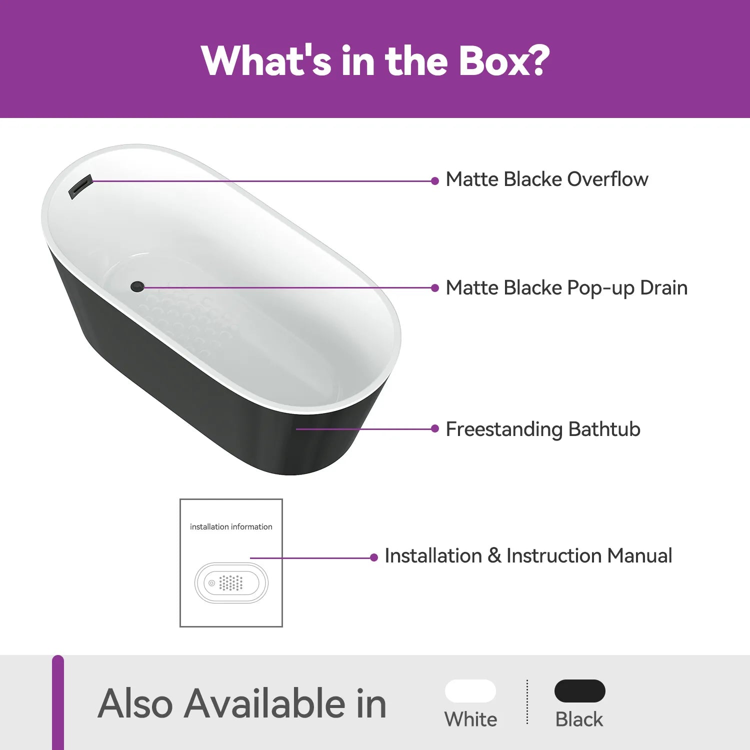 Matte Black Bathtub with Acrylic and Side Drain Model TU59B