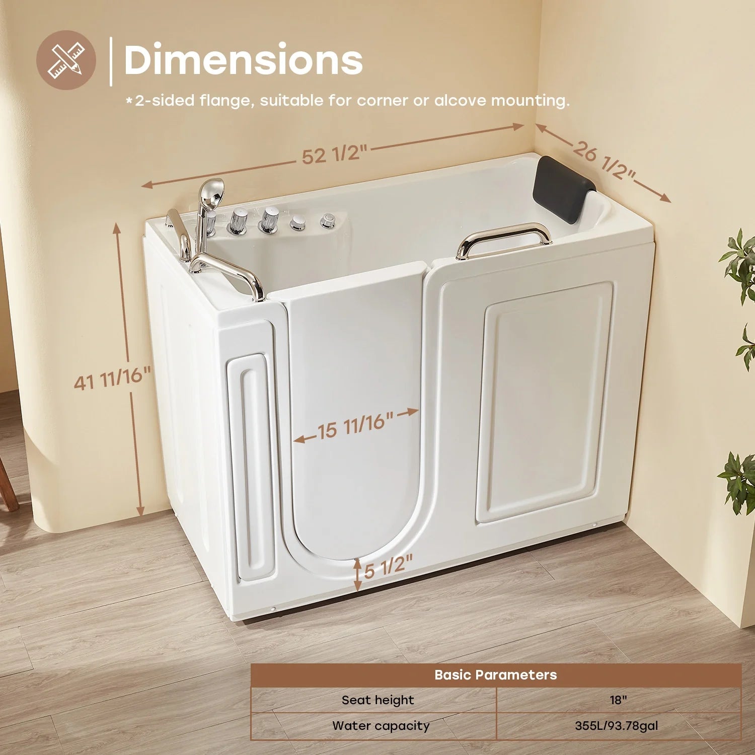 HOROW WT52-LE Walk-In Bathtub with Massage & Shower – Safe Soaking Tub for Seniors