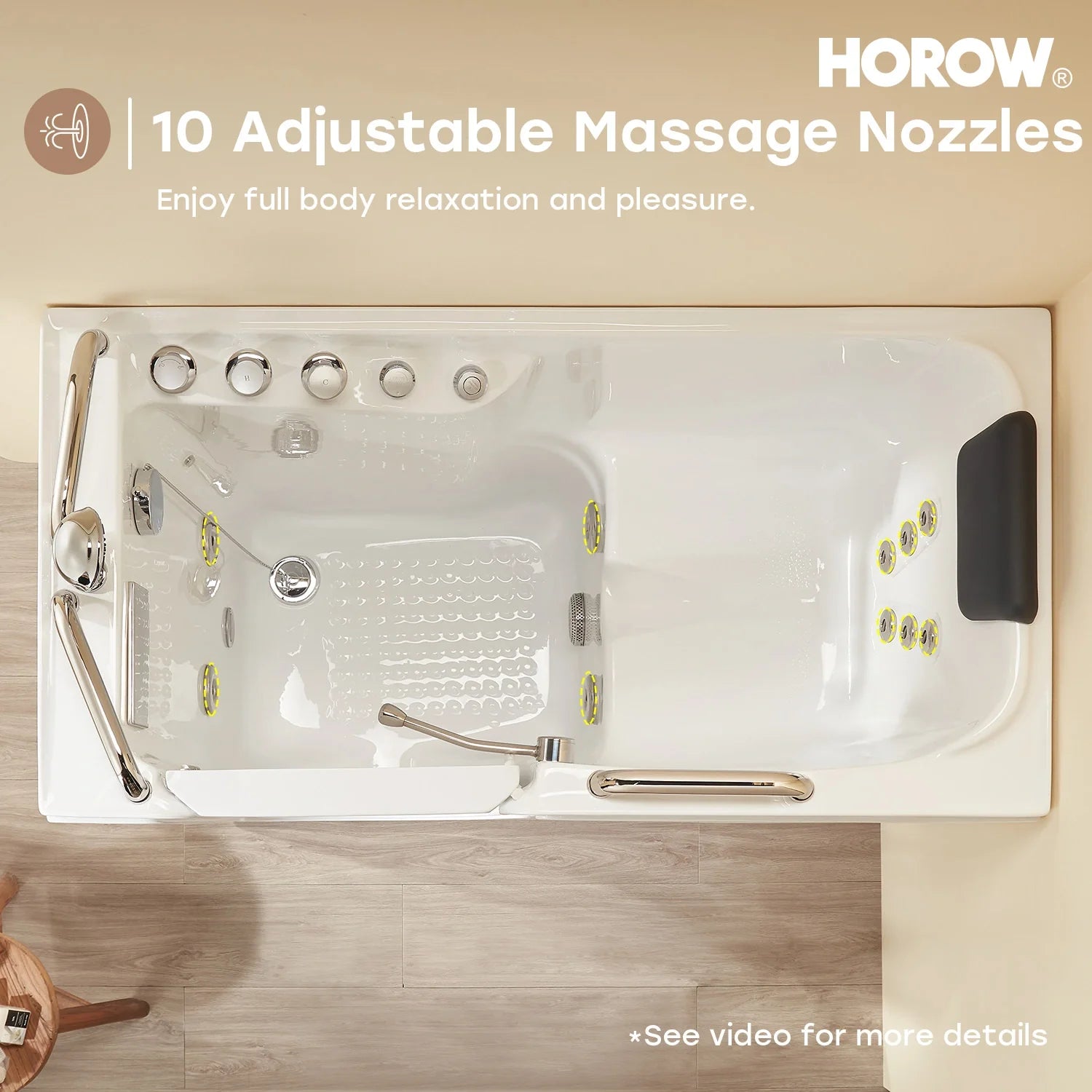 HOROW WT52-LE Walk-In Bathtub with Massage & Shower – Safe Soaking Tub for Seniors