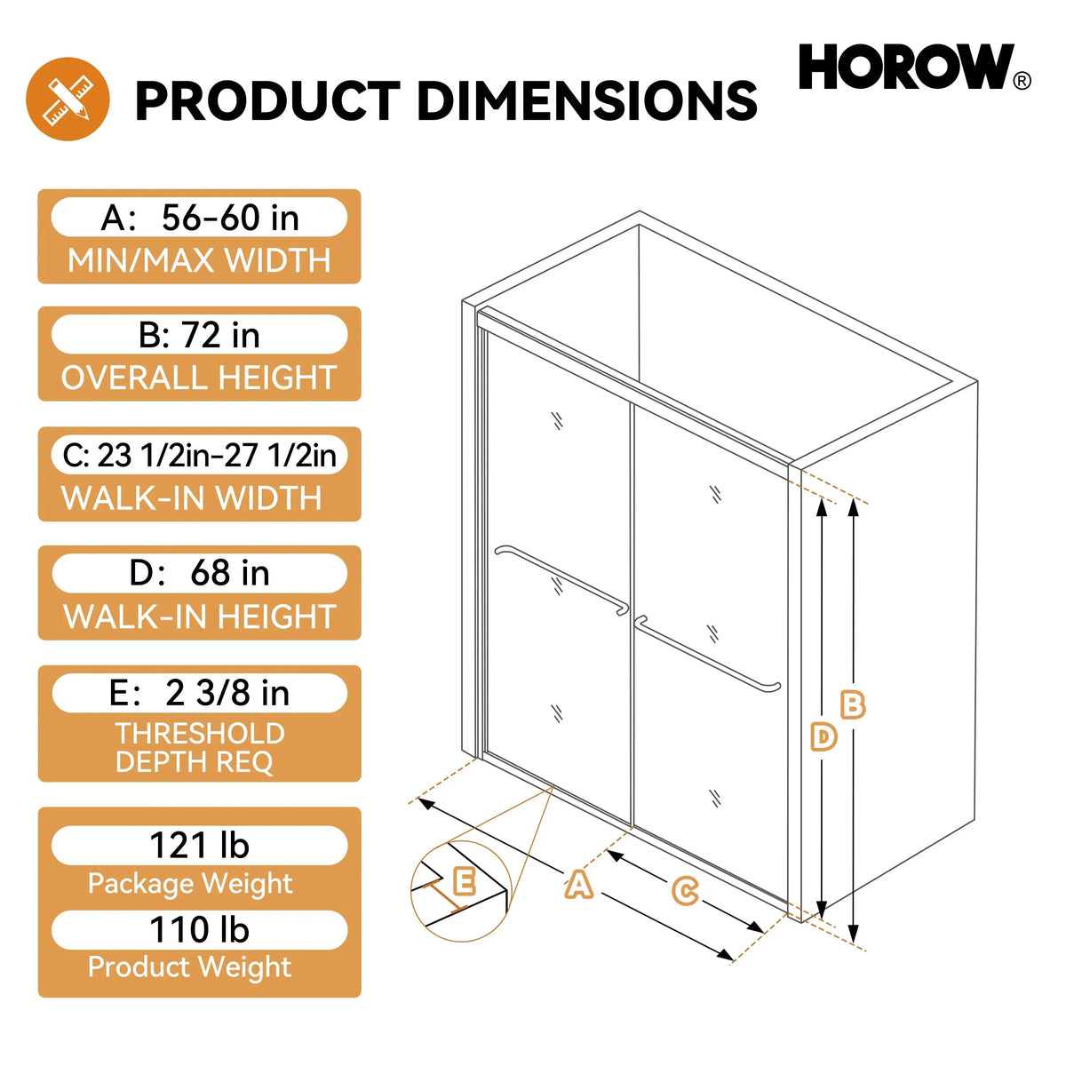 60 Inch Double Sliding Shower Door with Thick Aluminum Frame Model BE6072-BN HOROW