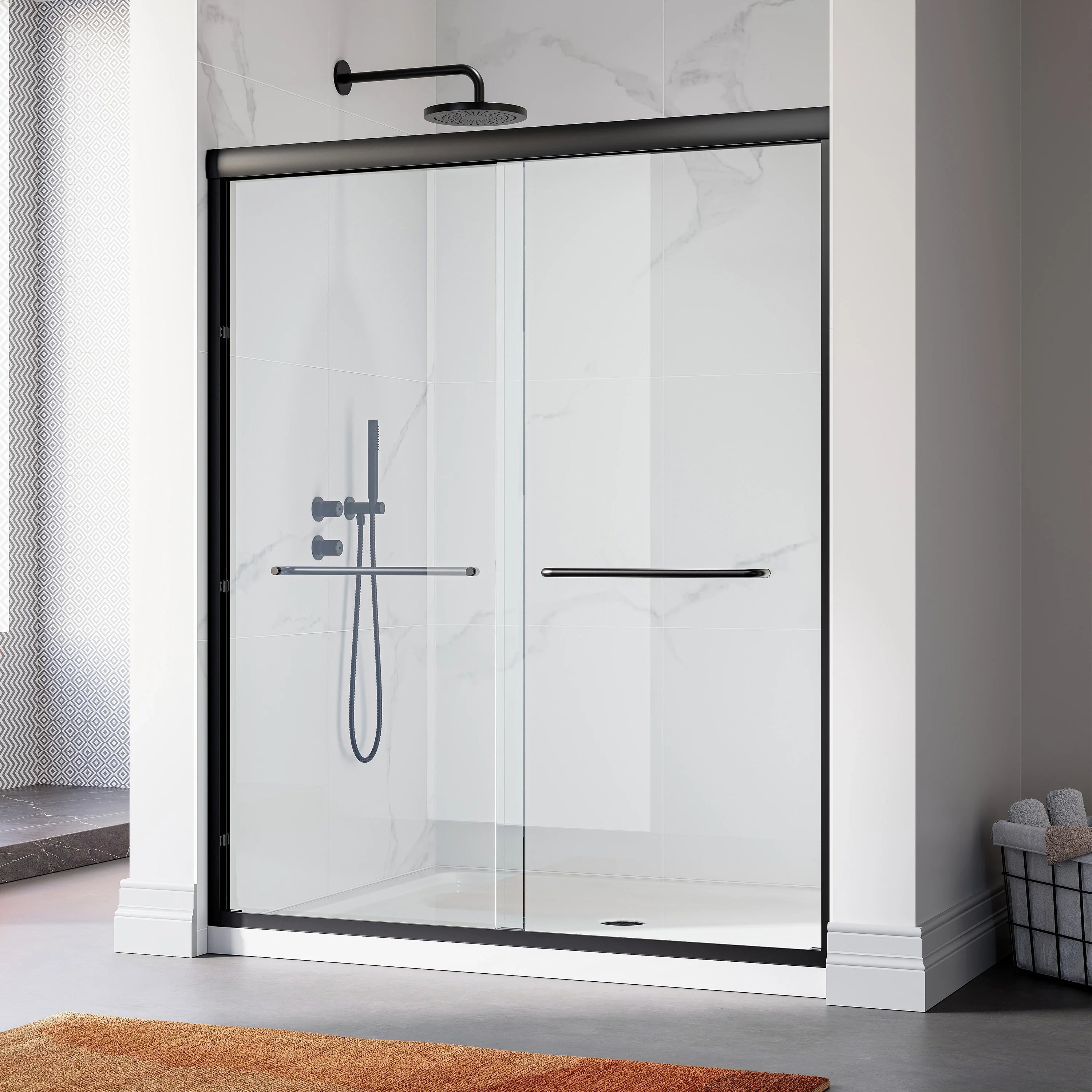 Matte Black Double Sliding Shower Door with Semi-Frameless Model BE6072-MB