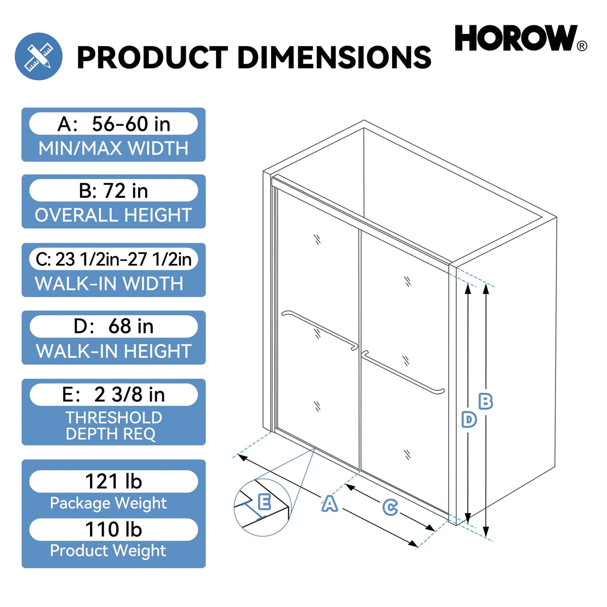 Matte Black Double Sliding Shower Door with Semi-Frameless Model BE6072-MB HOROW