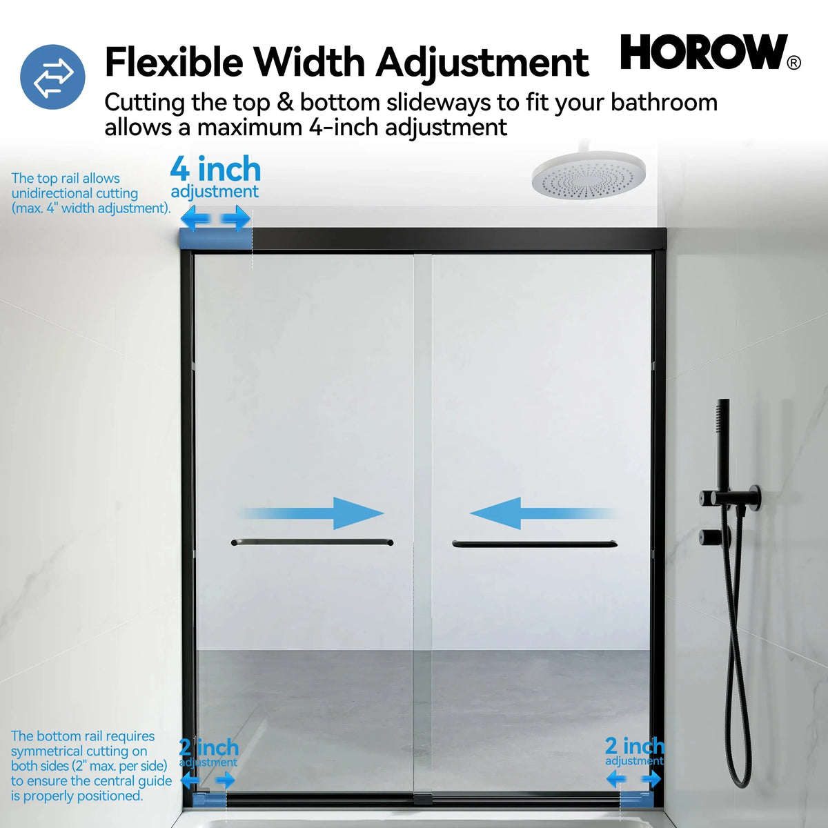 Matte Black Double Sliding Shower Door with Semi-Frameless Model BE6072-MB HOROW